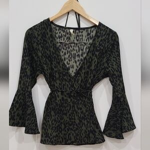 Leopard Print Wrap Top - Green